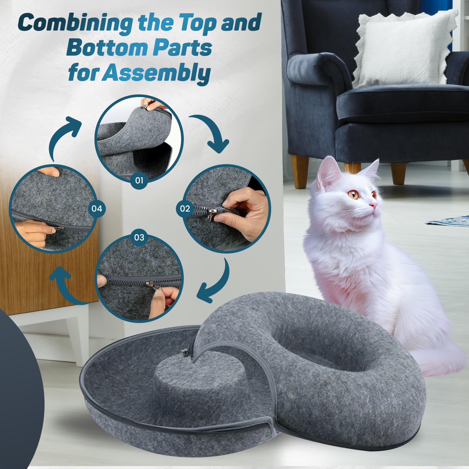 Peekaboo Large Cat Cave & Donut Bed - Scratch-Resistant, Washable Cat Tunnel Bed For Large Indoor Cats Up To 30 Lbs. (Dark Gray)